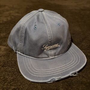 Supreme Leather Strap Distressed Light Blue Script Logo Hat